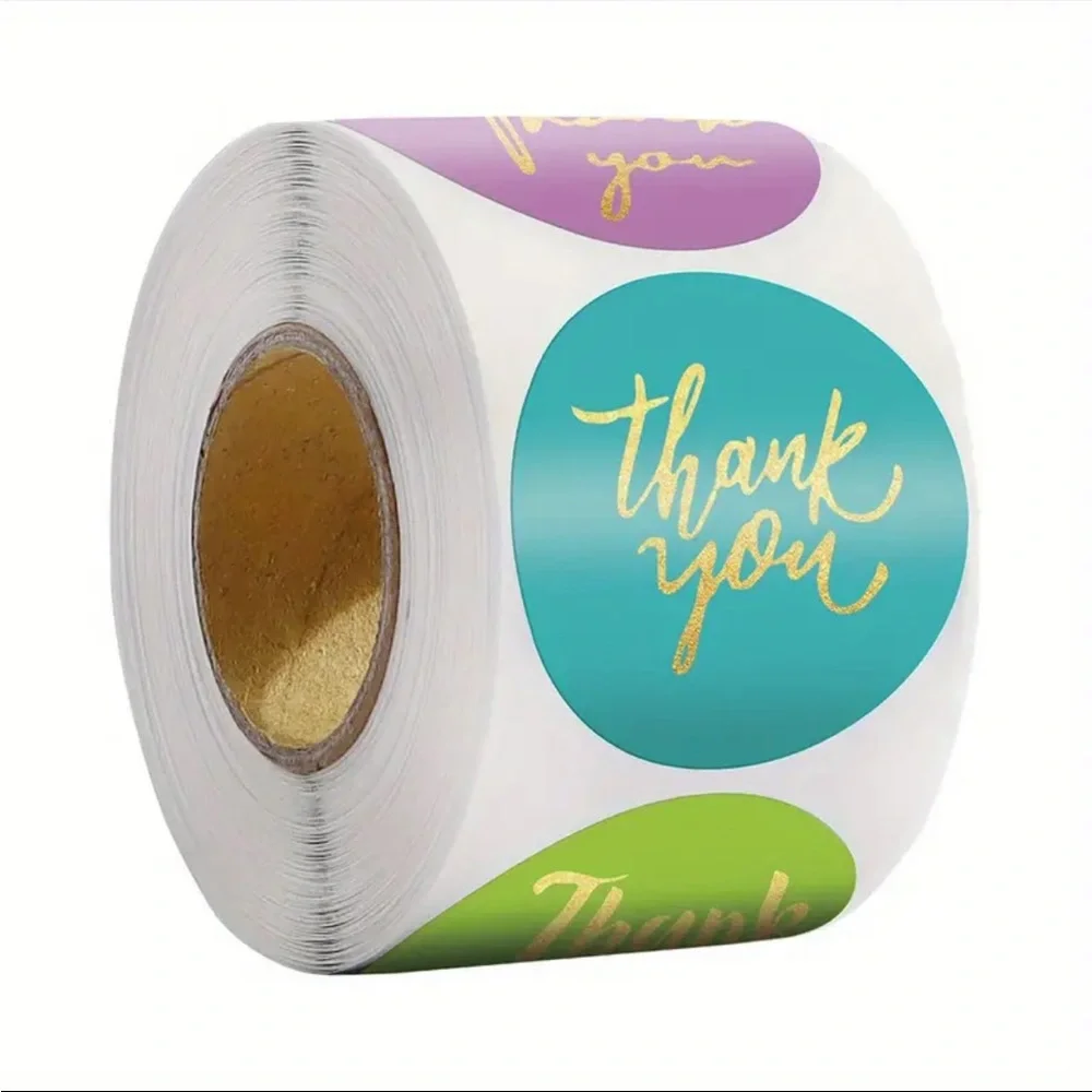 Roll of 500 Pastel Thank You Stickers Gold Cursive Letters.